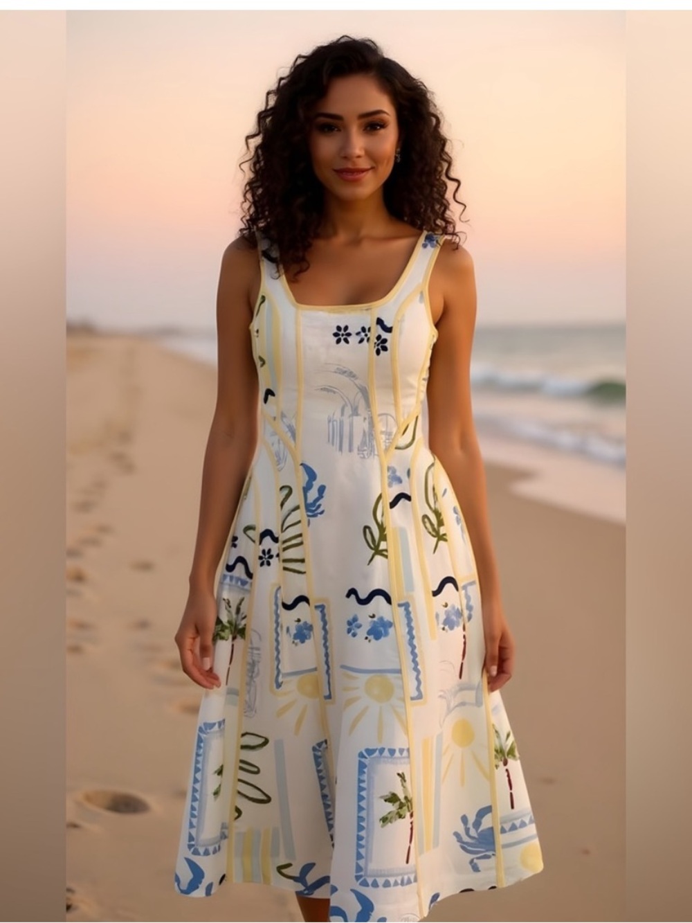 Caroline Constas Cream Midi Dress with Blue, Yellow & Green Print